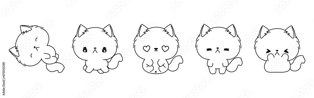Set of Vector Cartoon Cat Coloring Page. Collection of Kawaii Isolated Ragamuffin Cat Outline for Stickers, Baby Shower, Coloring Book, Prints for Clothes