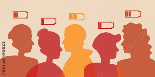 The energy concept is a group of silhouettes of people, without energy. discharged, mental health, stress, anxiety, a lot of work
