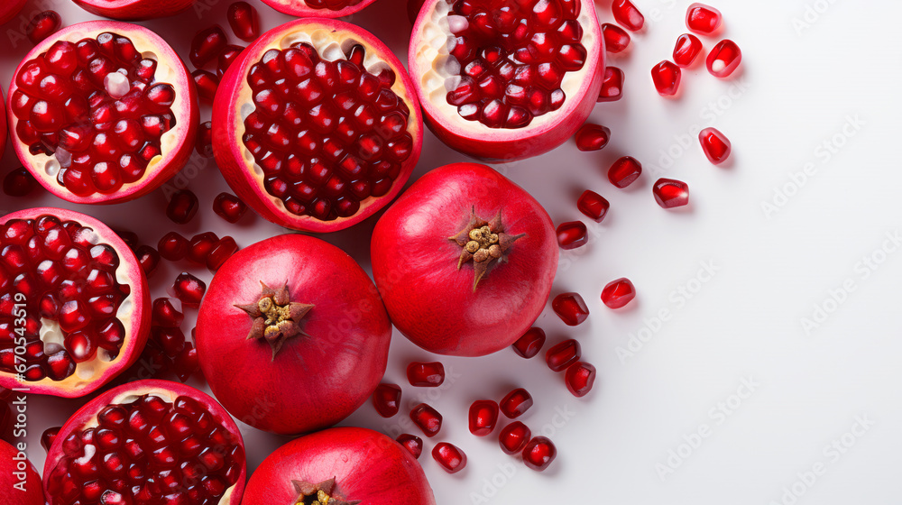 Top view of fresh pomegranate slice background on white background