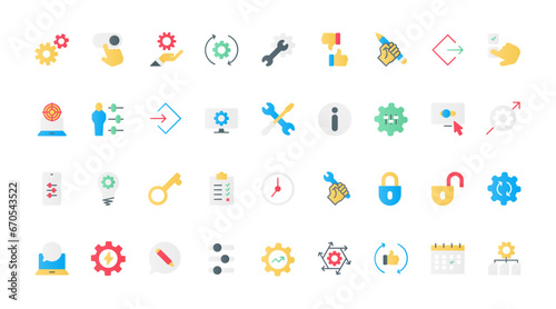 Control and management of system productivity line icons set vector illustration. Outline gears and cogwheels of machine engine, repair and maintenance service tools for modification and setup.