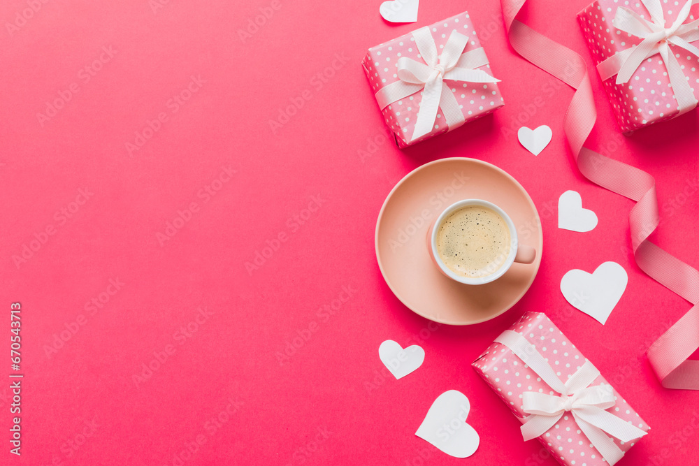 Mug coffee and gift box on colored background. Flat lay composition. Holiday concept Mug coffee and gift box on colored background. Flat lay composition. Holiday concept