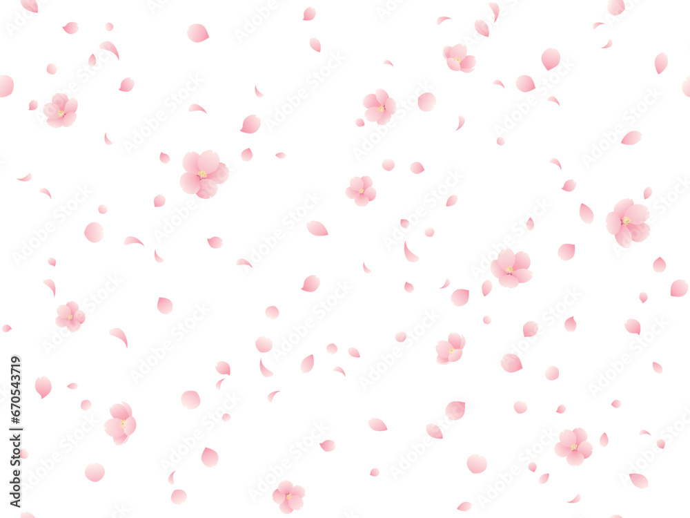 グラデーションな桜の花と花びらの桜吹雪シームレス背景イラスト