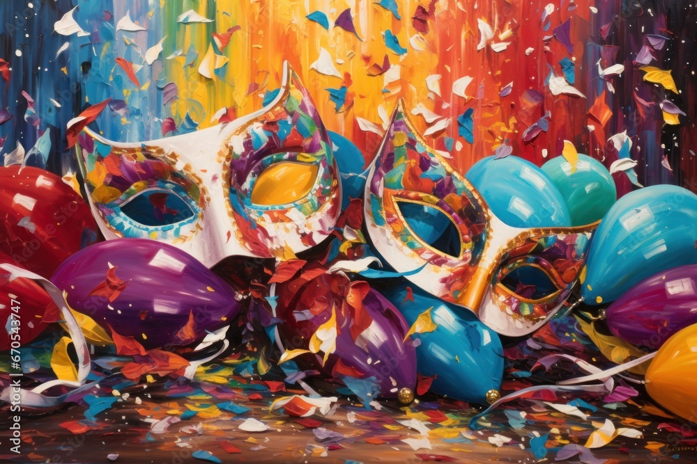 Festive carnival scene with colorful masks, confetti, and streamers on a vibrant backdrop.
