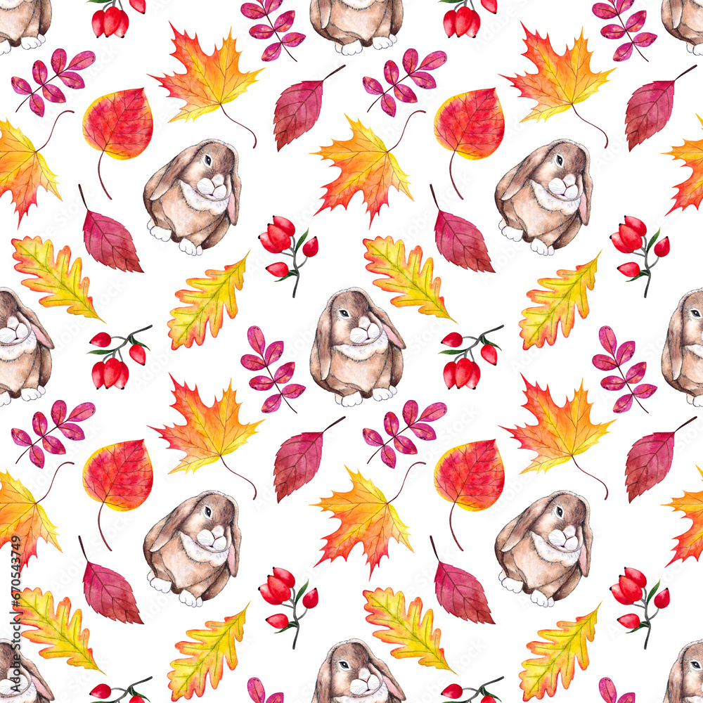Obraz premium Autumn seamless pattern. Cute background. Watercolor illustration with autumn leaves, berries and hare.