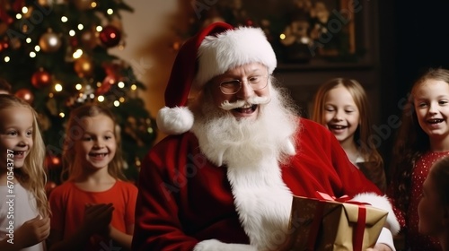 santa claus give gift boxes to many childrens