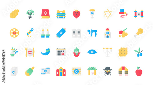 Judaism flat icons set vector illustration. Israel religion symbols with Hanukkah and Jewish synagogue, Star of David and Torah scroll, rabbi and challah bread, hamsa and dreidel.
