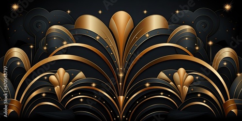 abstract background Vector art deco luxury pattern, golden vintage geometric shapes, archs and swirls.