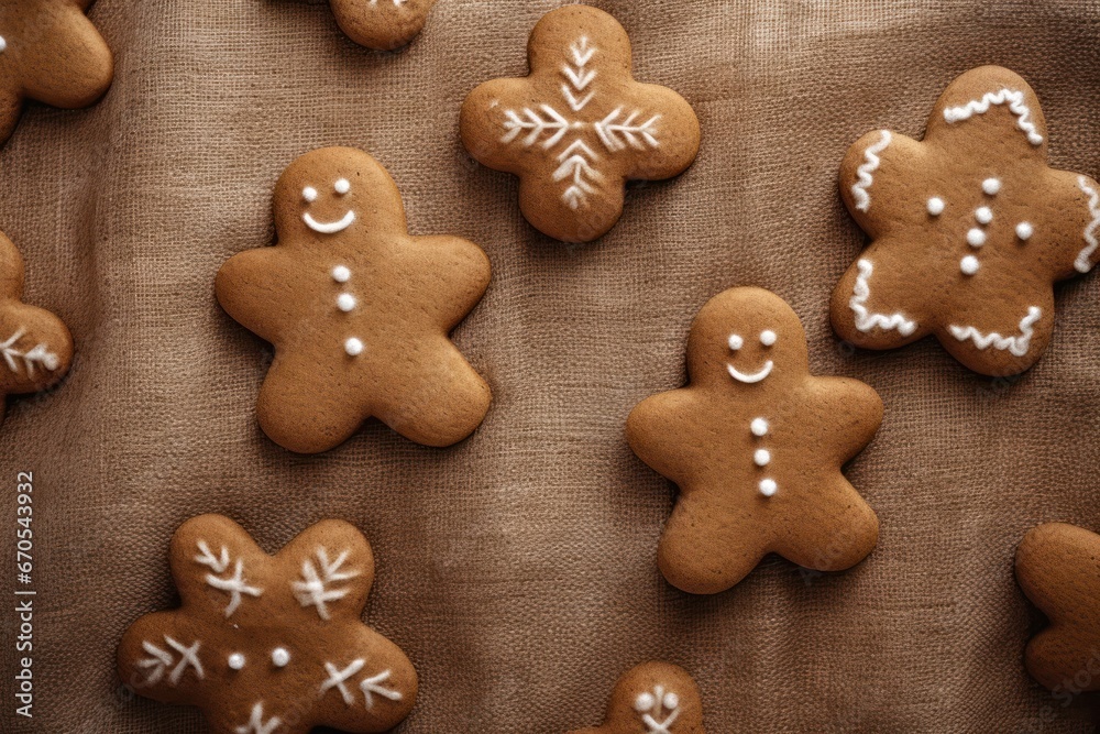 Gingerbread cookie pattern on a rustic linen texture. Gingerbread cookie pattern on a rustic linen texture.