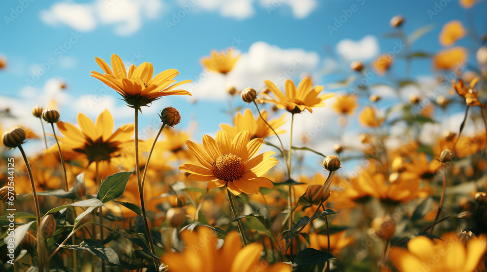 Blooming Sunflowers Field under cloudy spring sky