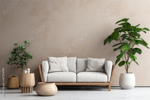 Modern minimalistic living room interior with a cozy sofa and houseplants. © Jelena