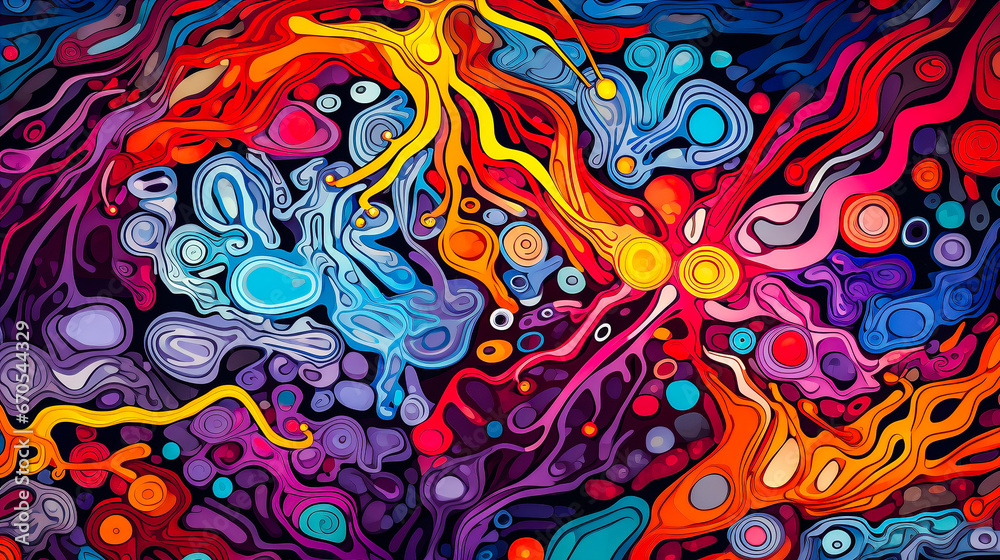 Papier peint coloré avec arabesques, fluidité et bulles