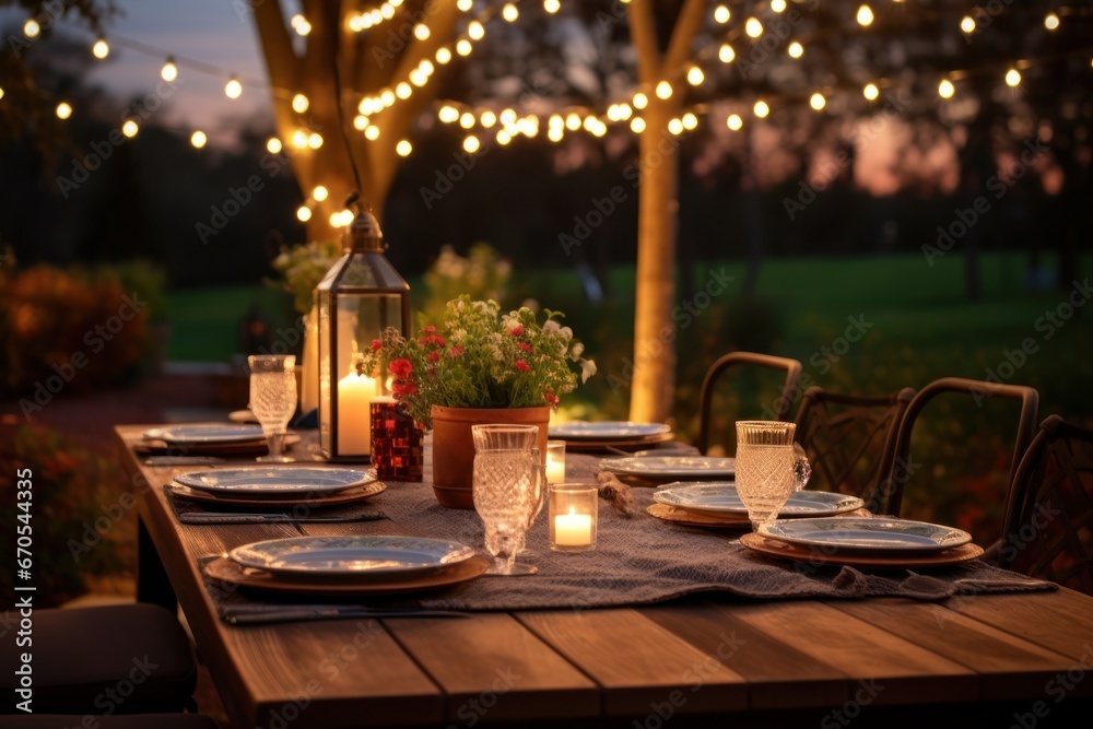 Fototapeta premium Romantic outdoor dinner setting with string lights, wine, and gourmet food.