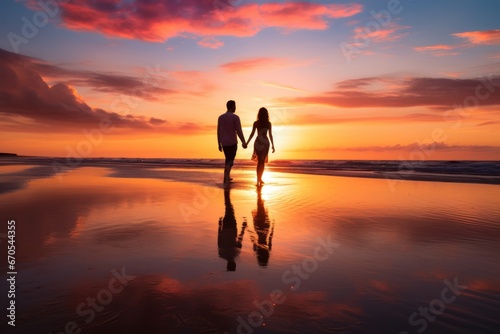 Silhouette of a couple walking hand in hand on a beach at sunset with colorful reflections in the water.