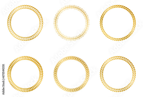 Collection of round golden frames from laurel branches with foliage. Vector illustration photo