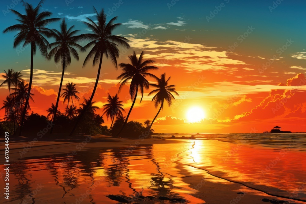 Summer beach with golden sunset and palm tree silhouettes.