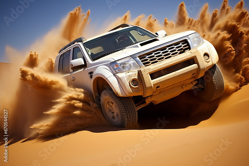 White SUV gracefully conquers sandy dunes, showcasing exceptional off-road prowess © Andrei