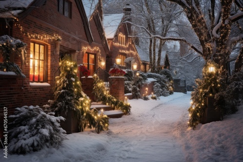 Snow-covered brick pathway leading to a warmly lit home.