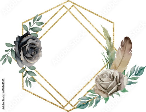 Modern roses and feather wedding invitation card, vector template with watercolor floral frame, gold geometric borders in double rhombus shape. Greenery floral gold borders. Template space for text