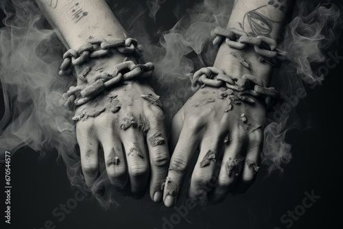 Photo The hands of the man are restrained with chains in the smoke