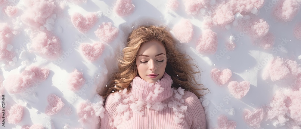 top view woman lying down on snow top view woman lying down on snow