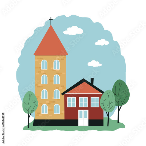 Church and a small house, trees around. Religious temple. European style. Vector illustration in flat style.
