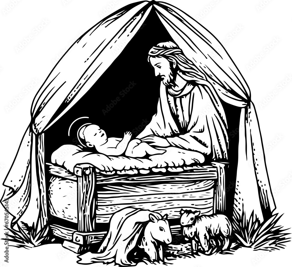 Baby Jesus in the manger outline Stock Vector | Adobe Stock