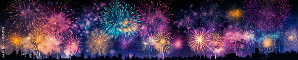 Fototapeta premium Fireworks banner, celebration, new year eve, colorful, panorama, panoramic