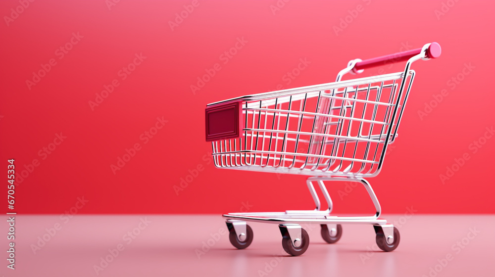 red shopping cart on pink background. Empty mini pink shopping cart trolley shopping. generative ai
