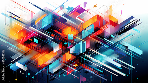 An abstract digital artwork that employs futuristic geometric designs and vibrant colors, illustrating the intersection of technology and creativity