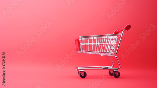 red shopping cart on pink background. Empty mini pink shopping cart trolley shopping. generative ai