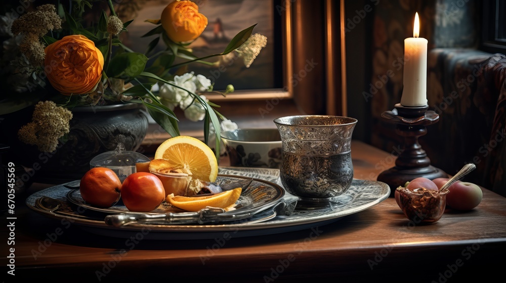 Specifics of a still life in the living room of a house. candles and a serving tray containing a cup of tea