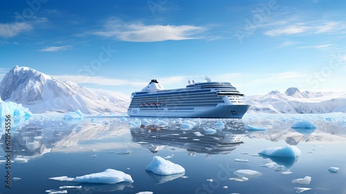 Cruise ship in Canada's or Antarctica's breathtaking northern landscape with ice glaciers photo
