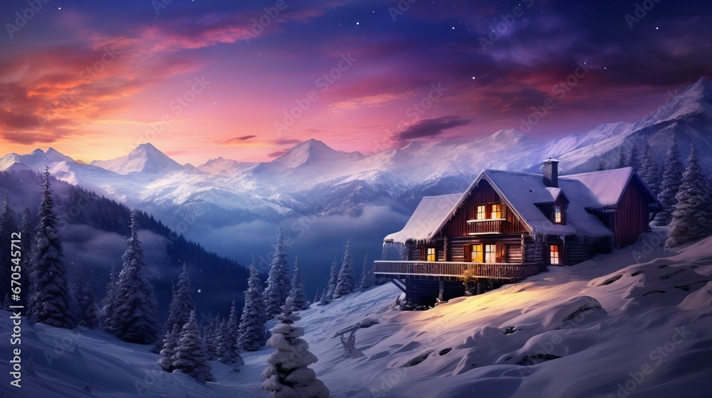 Fototapeta premium Wonderful winter scene with a wooden house surrounded by snow-capped mountains. Peaks of high mountains in a hazy dusk sky