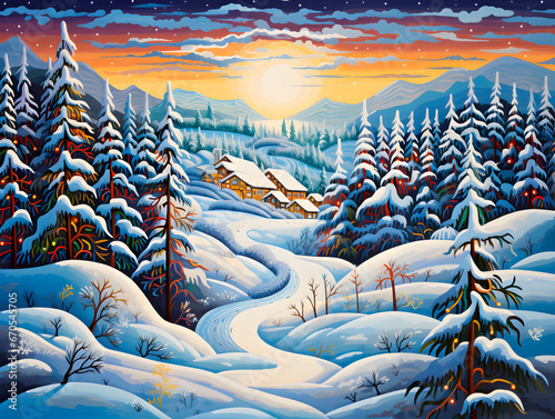 Abstract christmas landscape with elfs and santas running around, lakes flowing and trees and mountains in the background