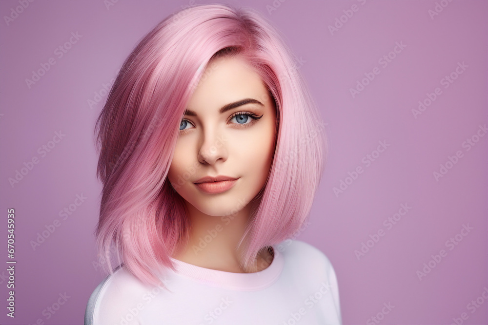 Generative ai picture of beautiful fashion model woman demonstrating perfect haircut pink stylish hair after salon Generative ai picture of beautiful fashion model woman demonstrating perfect haircut pink stylish hair after salon