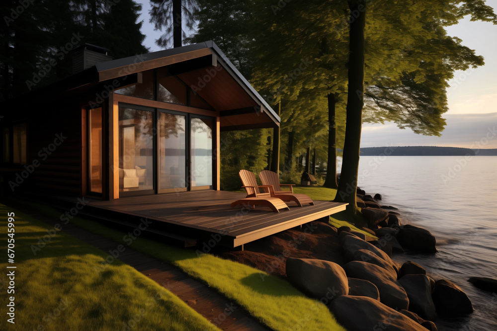 modern cabin with wooden deck area on the lake. holiday getaway destination