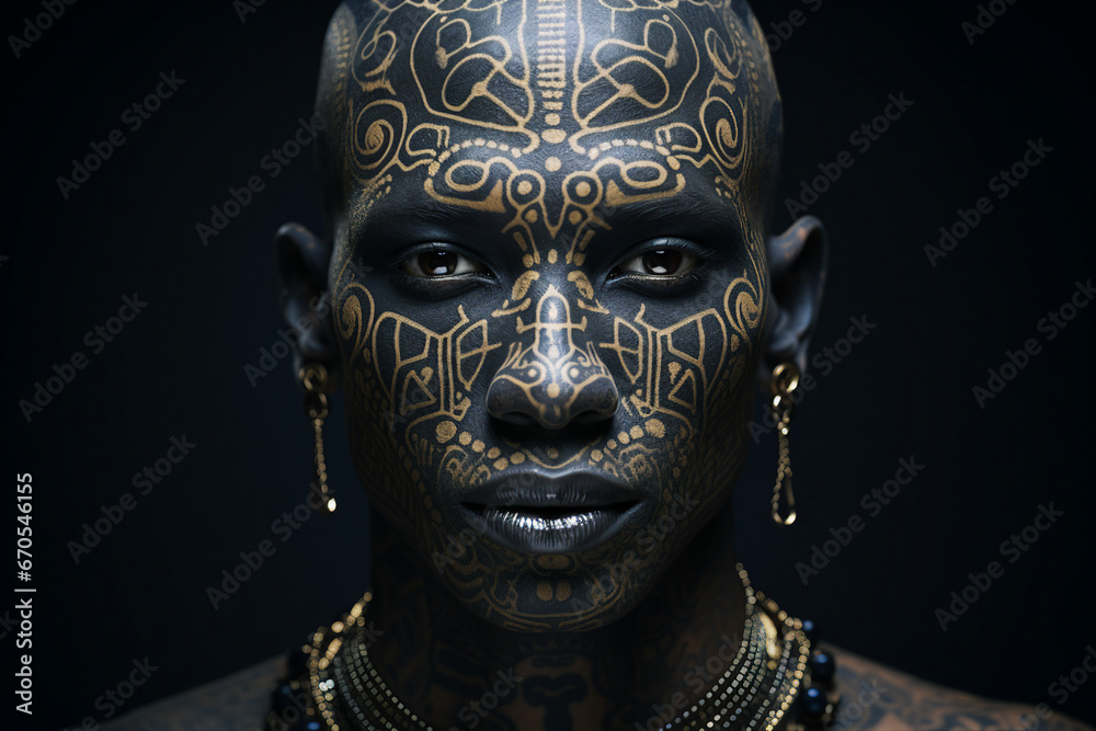 AI generated photo of beautiful person with tattoed face symbolic ornament isolated on black background