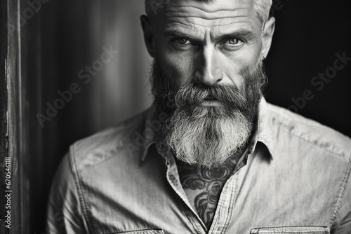 Generative ai photo of handsome man covered in creative design tattoo
