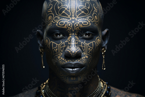AI generated photo of beautiful person with tattoed face symbolic ornament isolated on black background