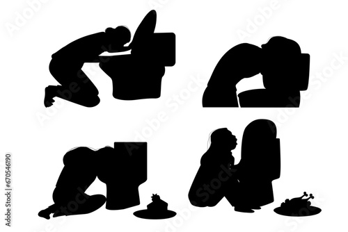 Bulimia silhouette eating disorder. Illustration of a person near a toilet