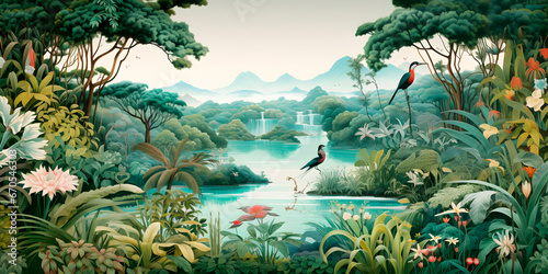 Detailed illustration of wild nature with wildlife birds and animals  jungle  flying  wilderness  birds