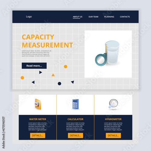 Capacity measurement flat landing page website template. Water meter, calculator, hygrometer. Web banner with header, content and footer. Vector illustration.