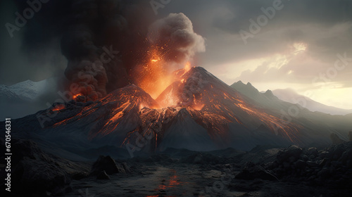 Volcanic eruption with ash and smoke. illustration.
