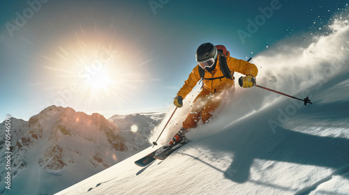 A skier descending the mountain under the high sun in the early afternoon