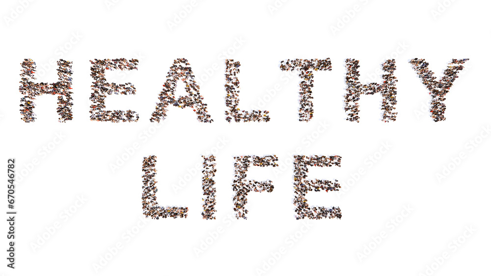 Conceptual community of people forming the HEALTHY LIFE message. 3d illustration metaphor for balance lifestyle, exercise, fresh food, relaxation, positive attitude, friendship and nature connection Conceptual community of people forming the HEALTHY LIFE message. 3d illustration metaphor for balance lifestyle, exercise, fresh food, relaxation, positive attitude, friendship and nature connection