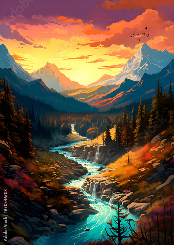 Beautiful landscape with sun and big mountains in the distance and lakes flowing through the scenery