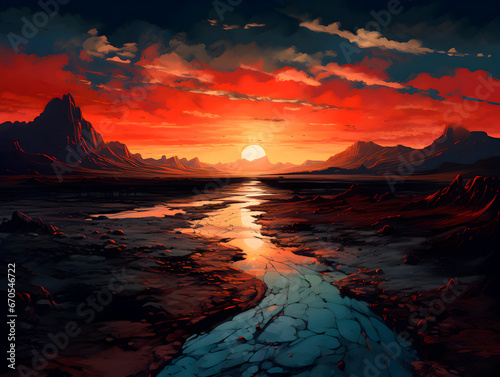 Beautiful landscape with sun and big mountains in the distance and lakes flowing through the scenery