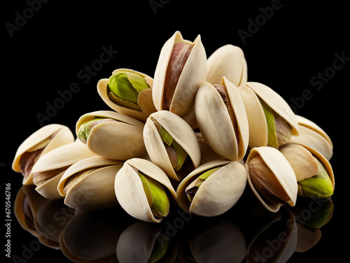 Fresh dried pistachios in a hard shell with green nuts on a black background