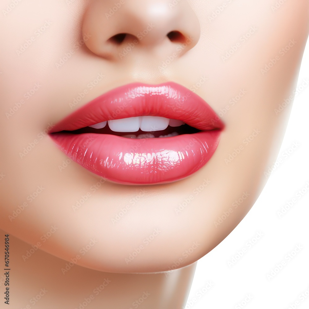Obraz premium Closeup of beautiful glossy female lips isolated on white created with Generative AI