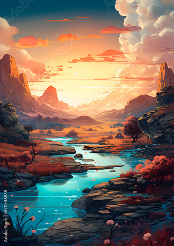 Beautiful landscape with sun and big mountains in the distance and lakes flowing through the scenery